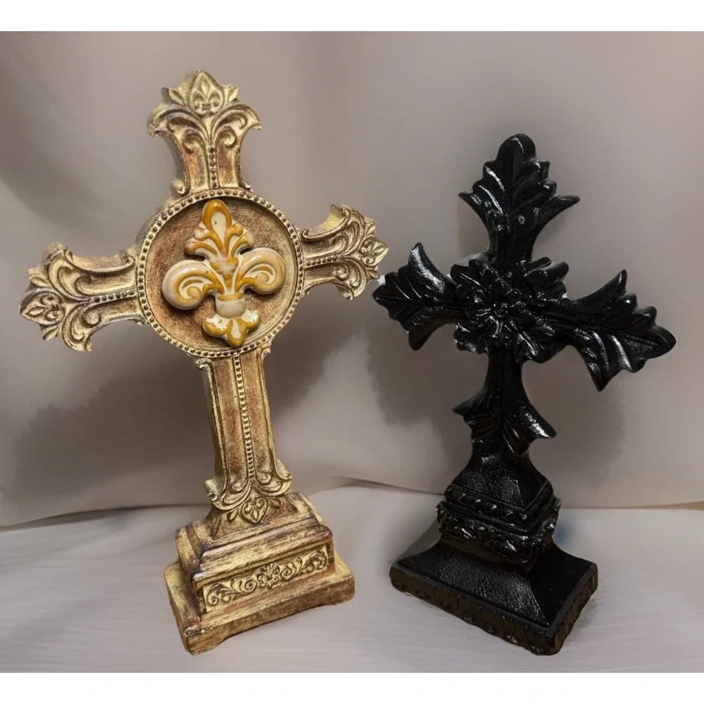 Heavy Distressed Fleur De Lis Cross Tabletop Accent Victorian Gothic Lot Of 2
